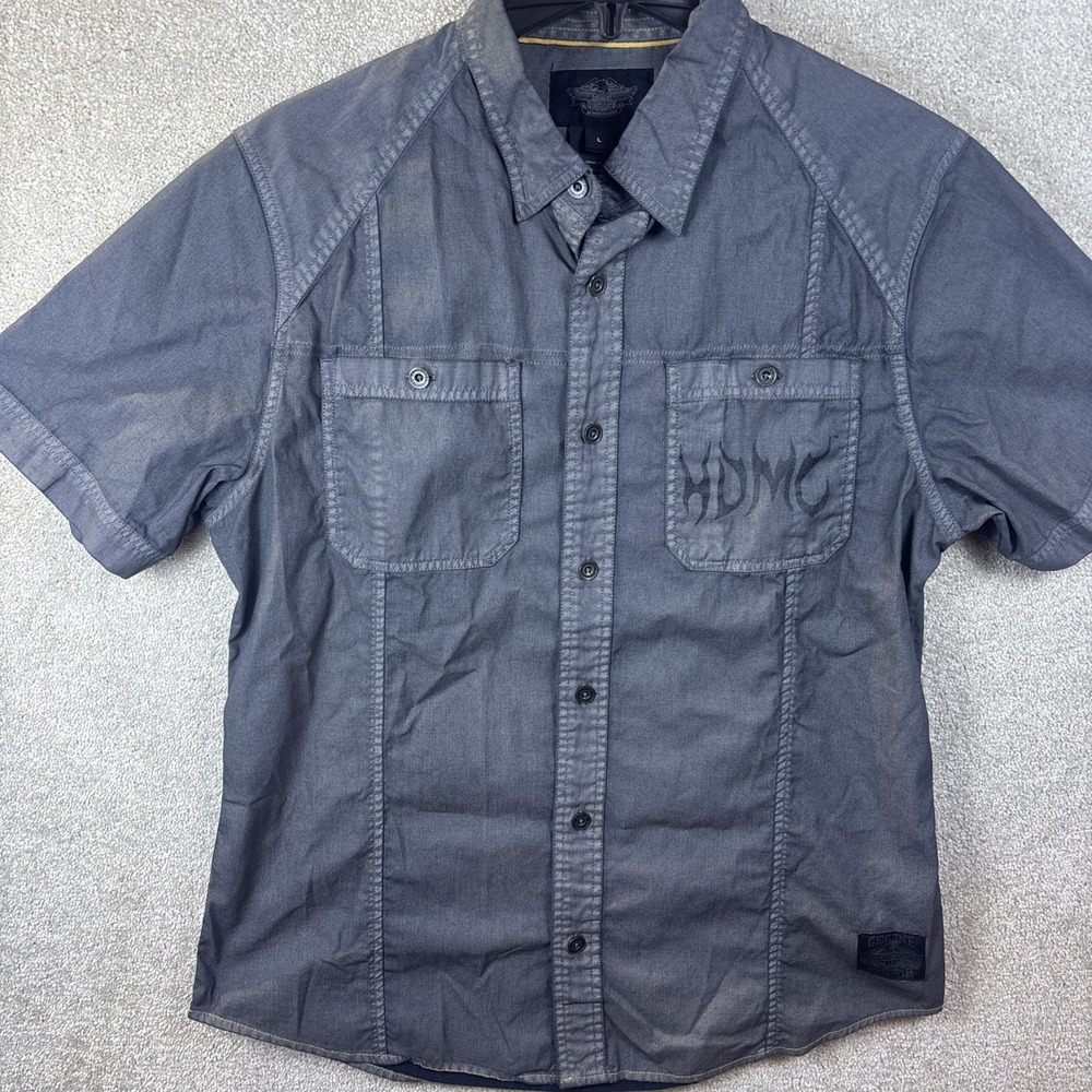Harley Davidson Shirt Men Large Grey Button HDMC Logo Bar Shield SS Mechanic Wax
